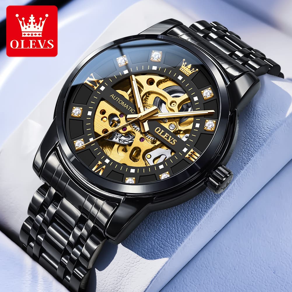 OLEVS Full Skeleton Diamond Dial Automatic Mechanical Watch 9901 for Men - All Gold Watch | Olevs Watch Store