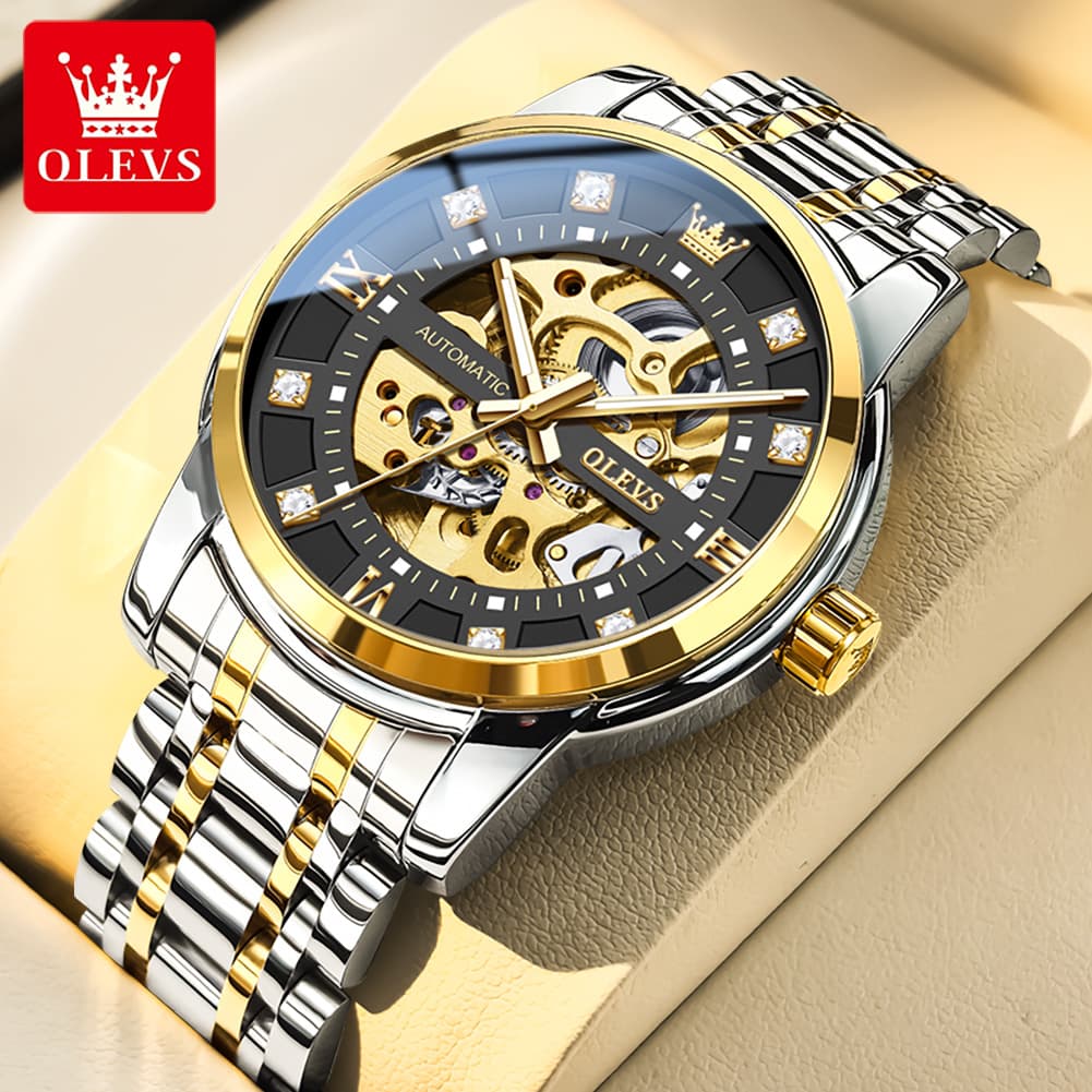 OLEVS Full Skeleton Diamond Dial Automatic Mechanical Watch 9901 for Men - All Gold Watch | Olevs Watch Store