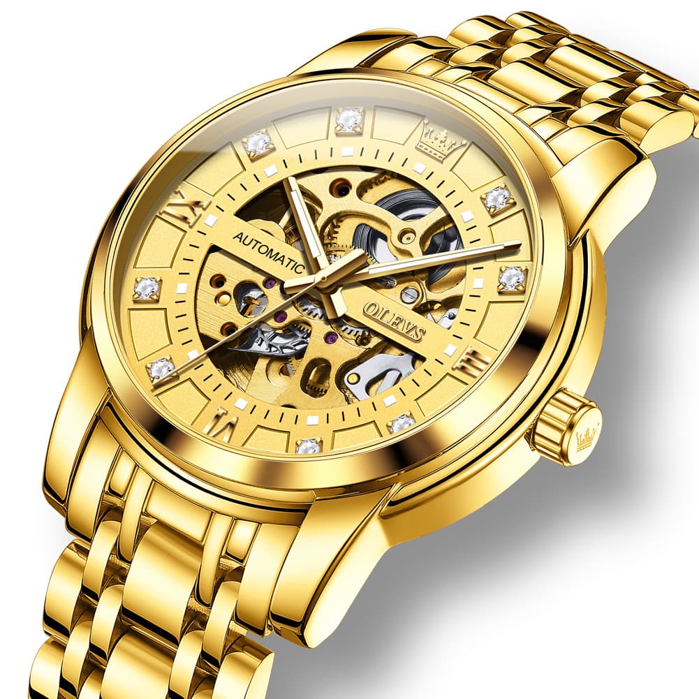 OLEVS Full Skeleton Diamond Dial Automatic Mechanical Watch 9901 for Men - All Gold Watch | Olevs Watch Store