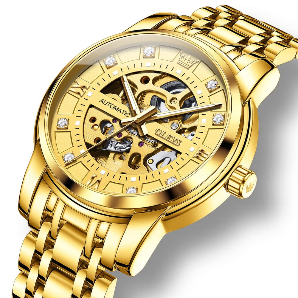 OLEVS Full Skeleton Diamond Dial Automatic Mechanical Watch 9901 for Men - All Gold Watch | Olevs Watch Store