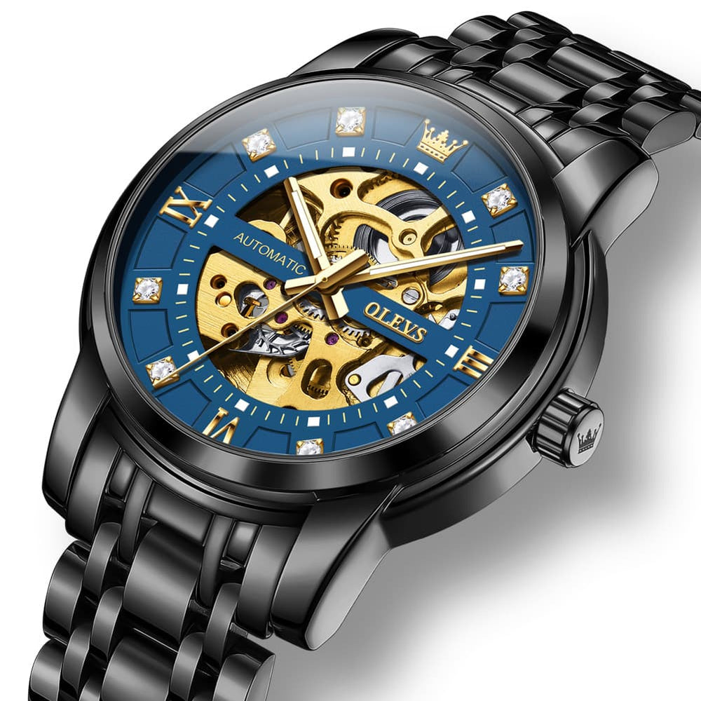 OLEVS Full Skeleton Diamond Dial Automatic Mechanical Watch 9901 for Men - All Gold Watch | Olevs Watch Store