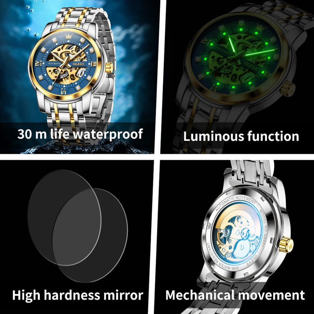 OLEVS Full Skeleton Diamond Dial Automatic Mechanical Watch 9901 for Men - All Gold Watch | Olevs Watch Store