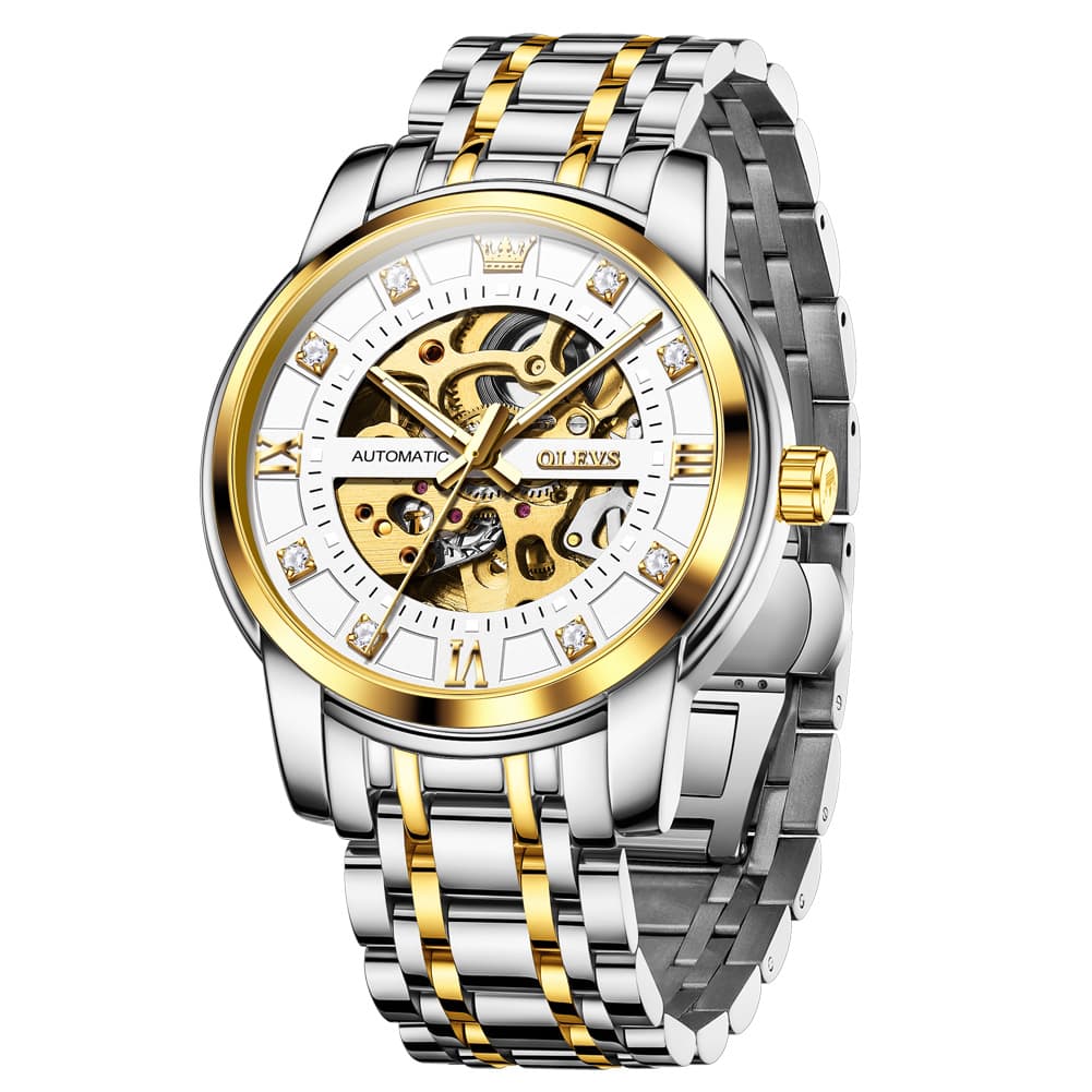 OLEVS Full Skeleton Diamond Dial Automatic Mechanical Watch 9901 for Men - All Gold Watch | Olevs Watch Store