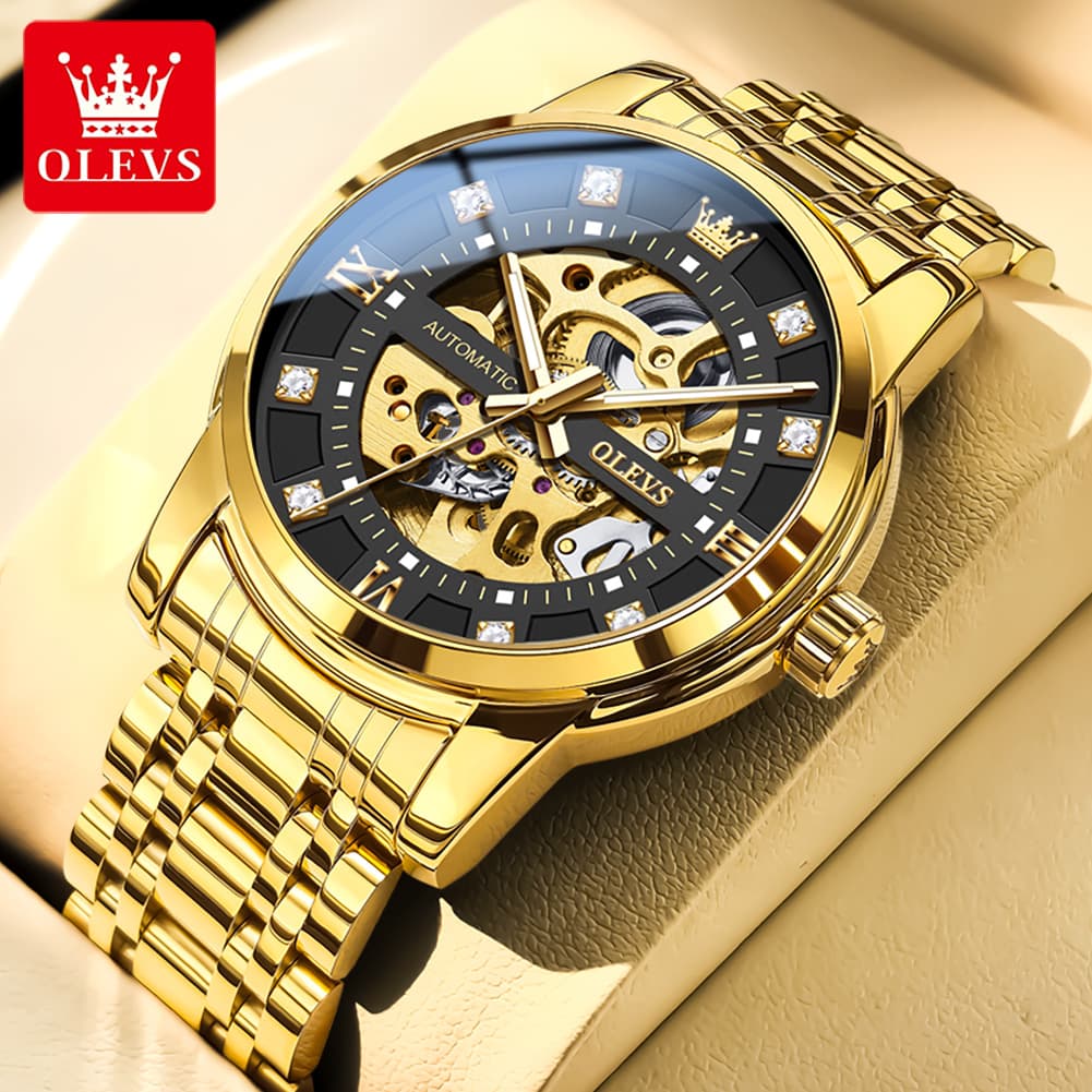 OLEVS Full Skeleton Diamond Dial Automatic Mechanical Watch 9901 for Men - All Gold Watch | Olevs Watch Store