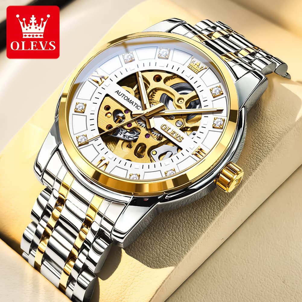 OLEVS Full Skeleton Diamond Dial Automatic Mechanical Watch 9901 for Men - All Gold Watch | Olevs Watch Store