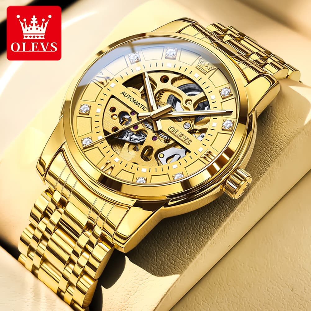 OLEVS Full Skeleton Diamond Dial Automatic Mechanical Watch 9901 for Men - All Gold Watch | Olevs Watch Store