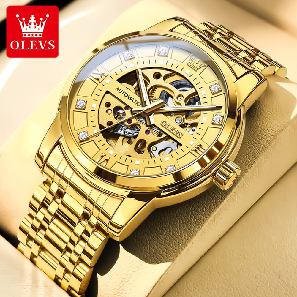 OLEVS Full Skeleton Diamond Dial Automatic Mechanical Watch 9901 for Men - All Gold Watch | Olevs Watch Store