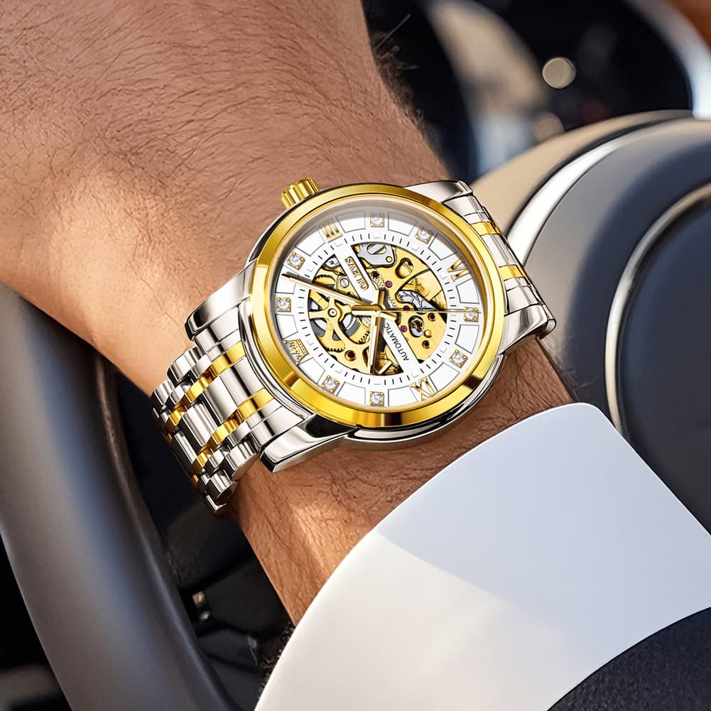 OLEVS Full Skeleton Diamond Dial Automatic Mechanical Watch 9901 for Men - All Gold Watch | Olevs Watch Store