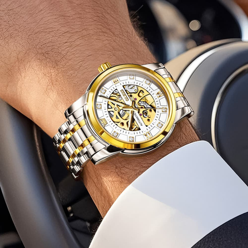 OLEVS Full Skeleton Diamond Dial Automatic Mechanical Watch 9901 for Men - All Gold Watch | Olevs Watch Store