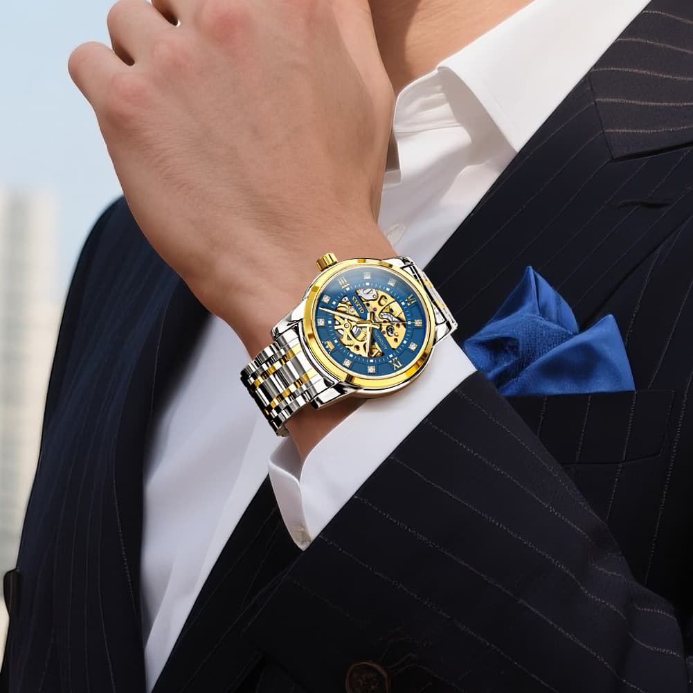OLEVS Full Skeleton Diamond Dial Automatic Mechanical Watch 9901 for Men - All Gold Watch | Olevs Watch Store