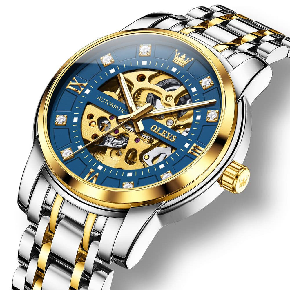 OLEVS Full Skeleton Diamond Dial Automatic Mechanical Watch 9901 for Men - All Gold Watch | Olevs Watch Store