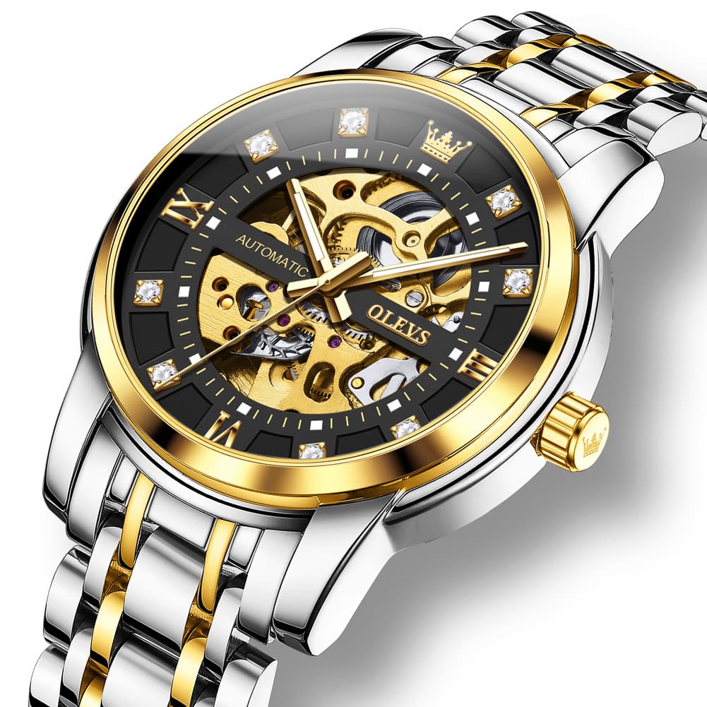 OLEVS Full Skeleton Diamond Dial Automatic Mechanical Watch 9901 for Men - All Gold Watch | Olevs Watch Store