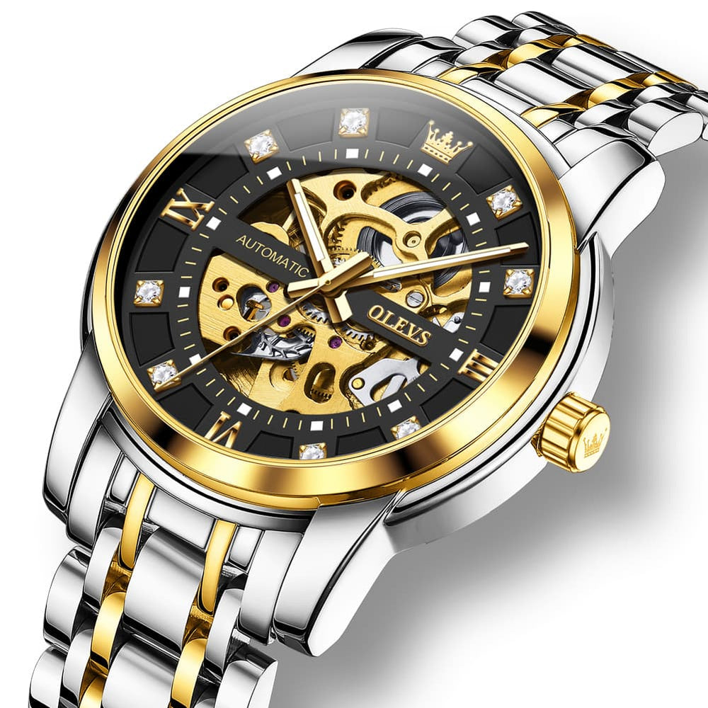 OLEVS Full Skeleton Diamond Dial Automatic Mechanical Watch 9901 for Men - All Gold Watch | Olevs Watch Store