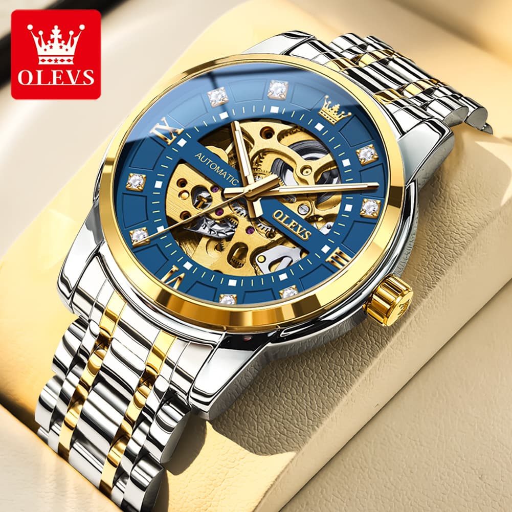 OLEVS Full Skeleton Diamond Dial Automatic Mechanical Watch 9901 for Men - All Gold Watch | Olevs Watch Store