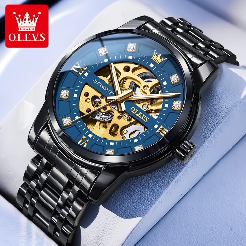 OLEVS Full Skeleton Diamond Dial Automatic Mechanical Watch 9901 for Men - All Gold Watch | Olevs Watch Store