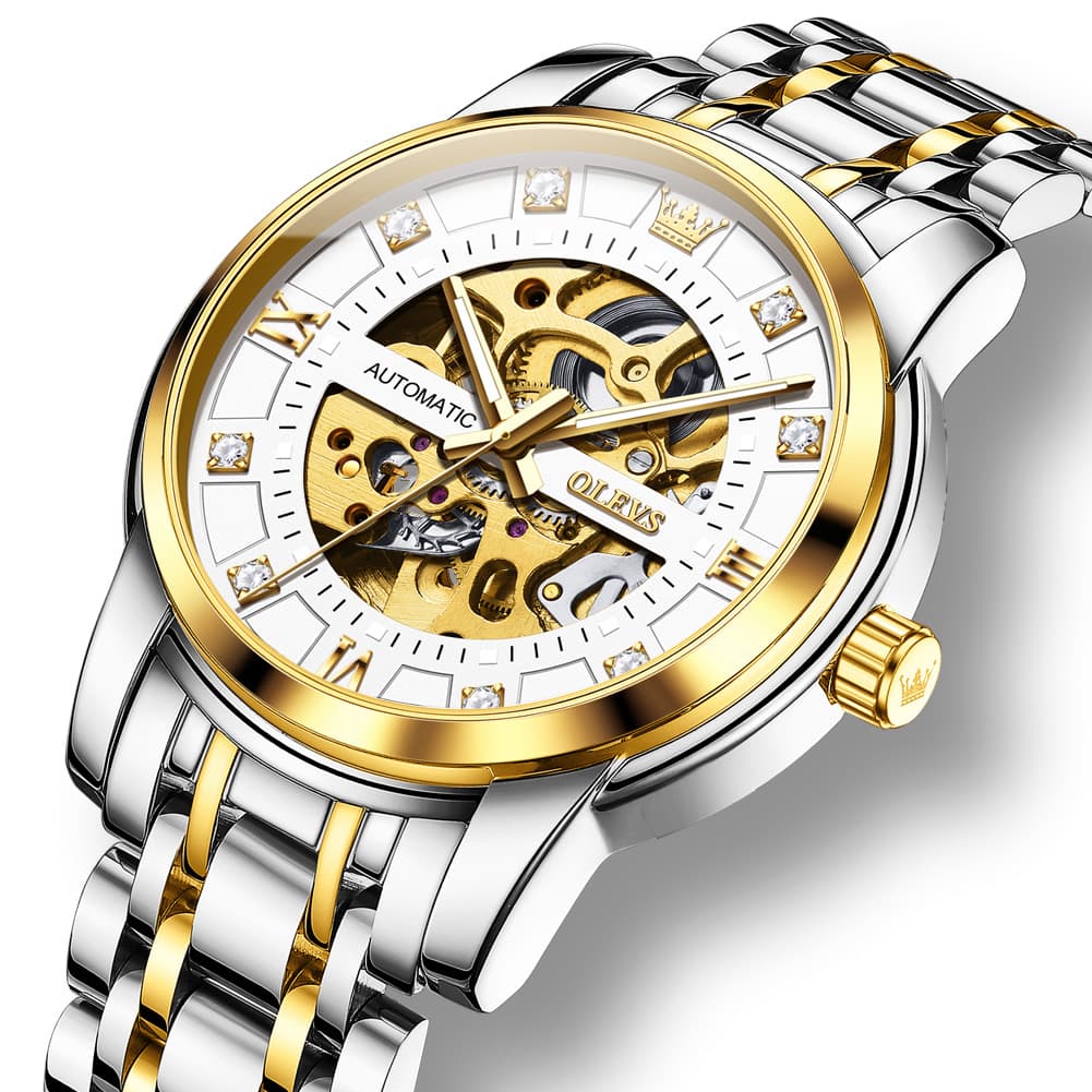 OLEVS Full Skeleton Diamond Dial Automatic Mechanical Watch 9901 for Men - All Gold Watch | Olevs Watch Store