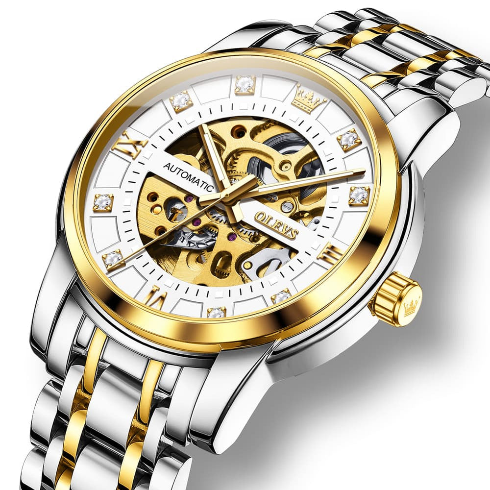OLEVS Full Skeleton Diamond Dial Automatic Mechanical Watch 9901 for Men - All Gold Watch | Olevs Watch Store