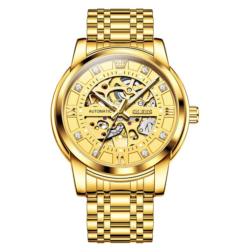 OLEVS Full Skeleton Diamond Dial Automatic Mechanical Watch 9901 for Men - All Gold Watch | Olevs Watch Store