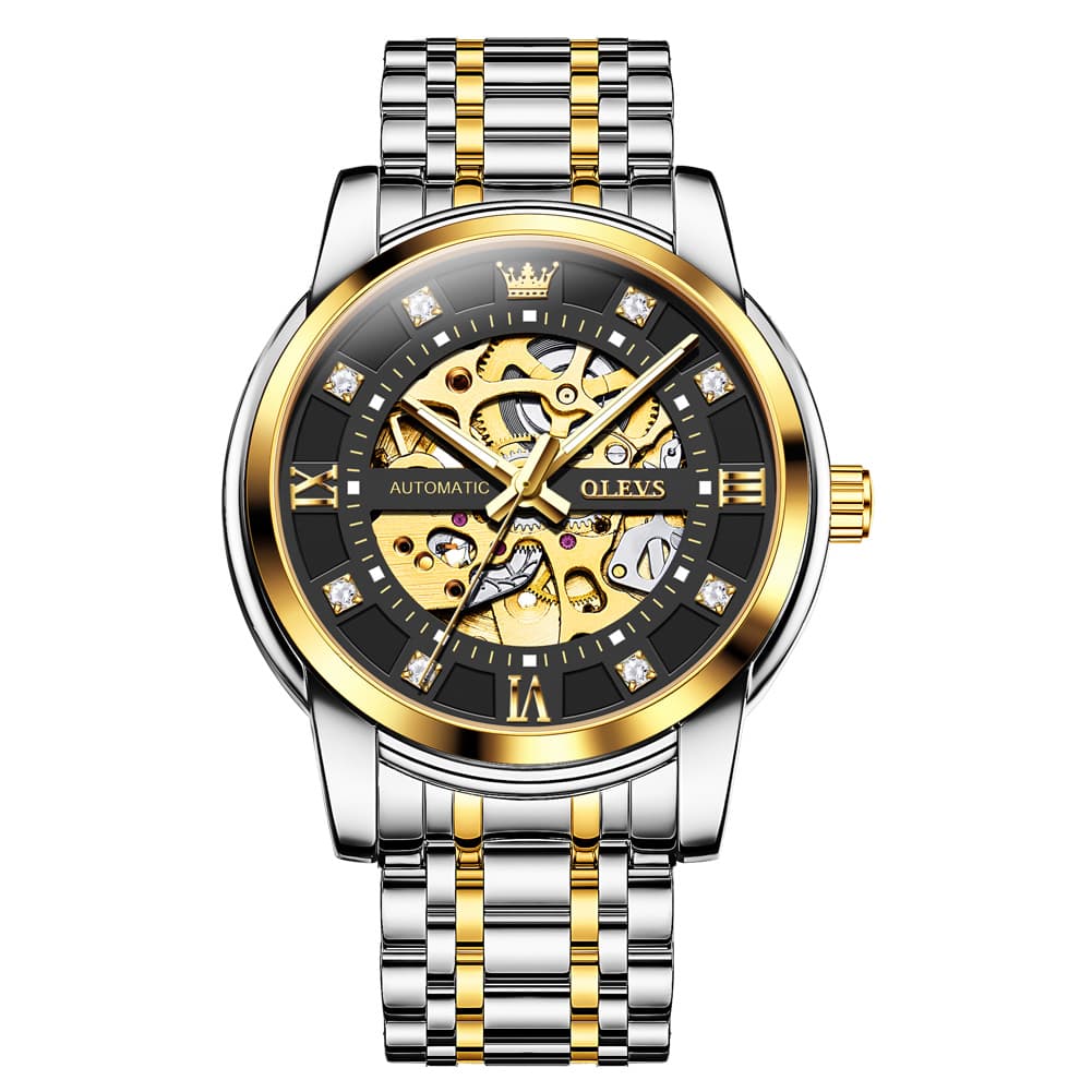 OLEVS Full Skeleton Diamond Dial Automatic Mechanical Watch 9901 for Men - Two Tone Black Watch | Olevs Watch Store