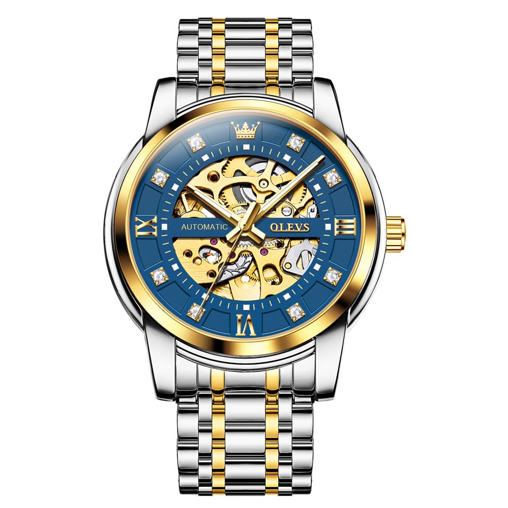 OLEVS Full Skeleton Diamond Dial Automatic Mechanical Watch 9901 for Men - Two Tone Blue Watch | Olevs Watch Store