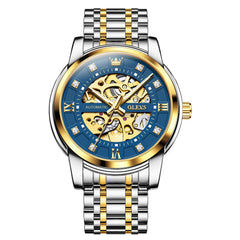OLEVS Full Skeleton Diamond Dial Automatic Mechanical Watch 9901 for Men - Two Tone Blue Watch | Olevs Watch Store
