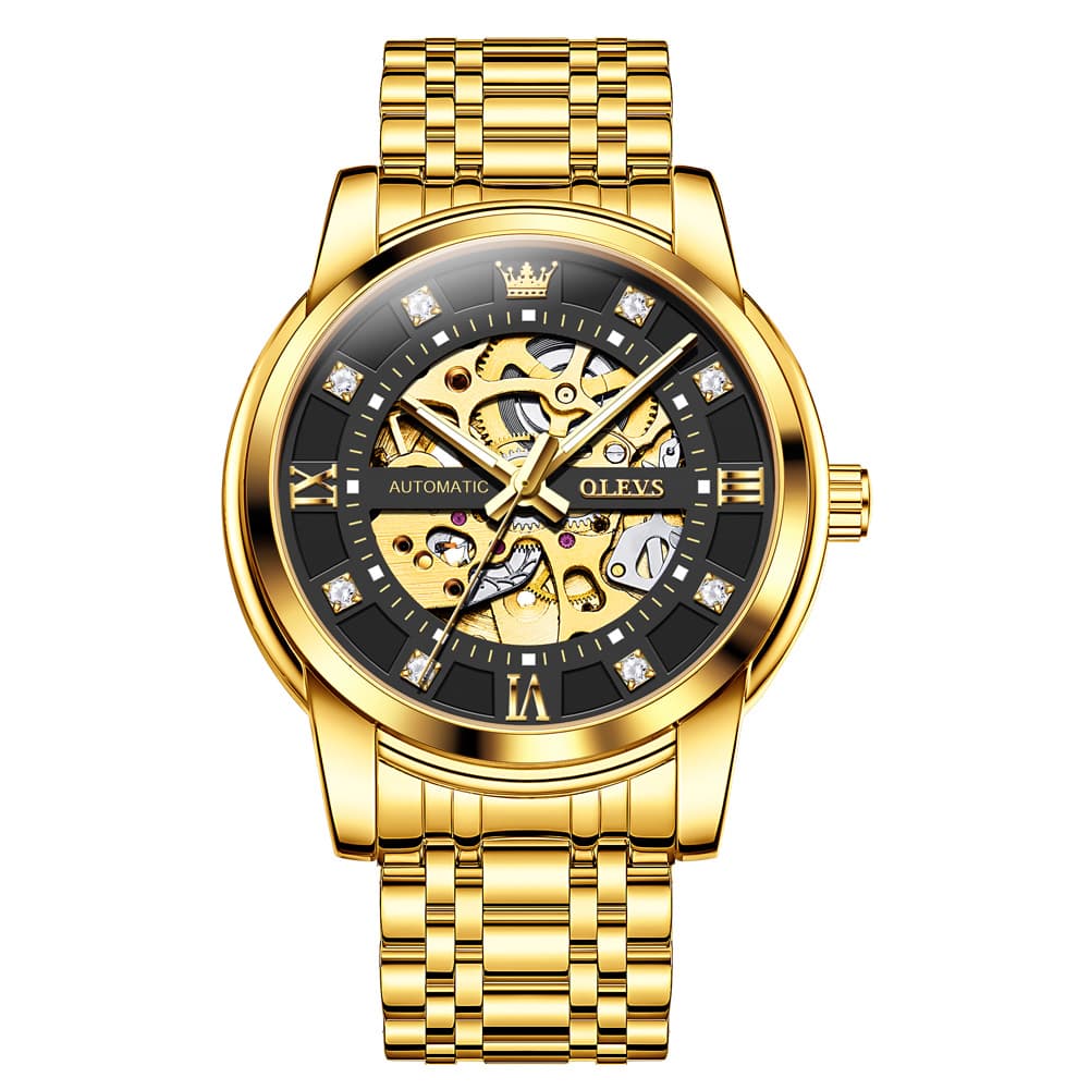 OLEVS Full Skeleton Diamond Dial Automatic Mechanical Watch 9901 for Men - Two Tone Gold Watch | Olevs Watch Store