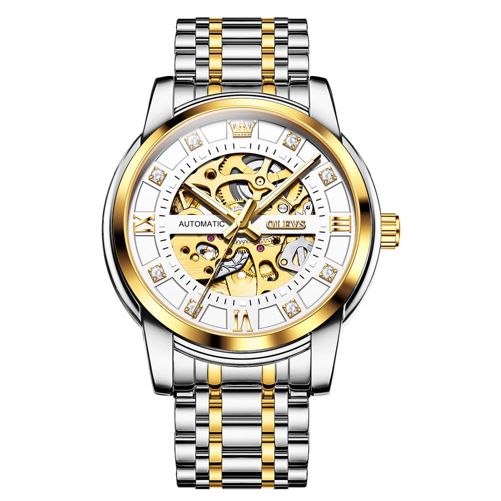 OLEVS Full Skeleton Diamond Dial Automatic Mechanical Watch 9901 for Men - Two Tone White Watch | Olevs Watch Store