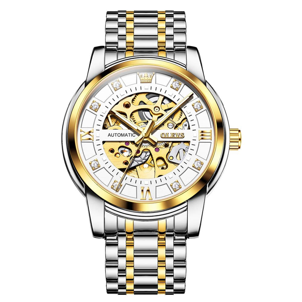 OLEVS Full Skeleton Diamond Dial Automatic Mechanical Watch 9901 for Men - Two Tone White Watch | Olevs Watch Store