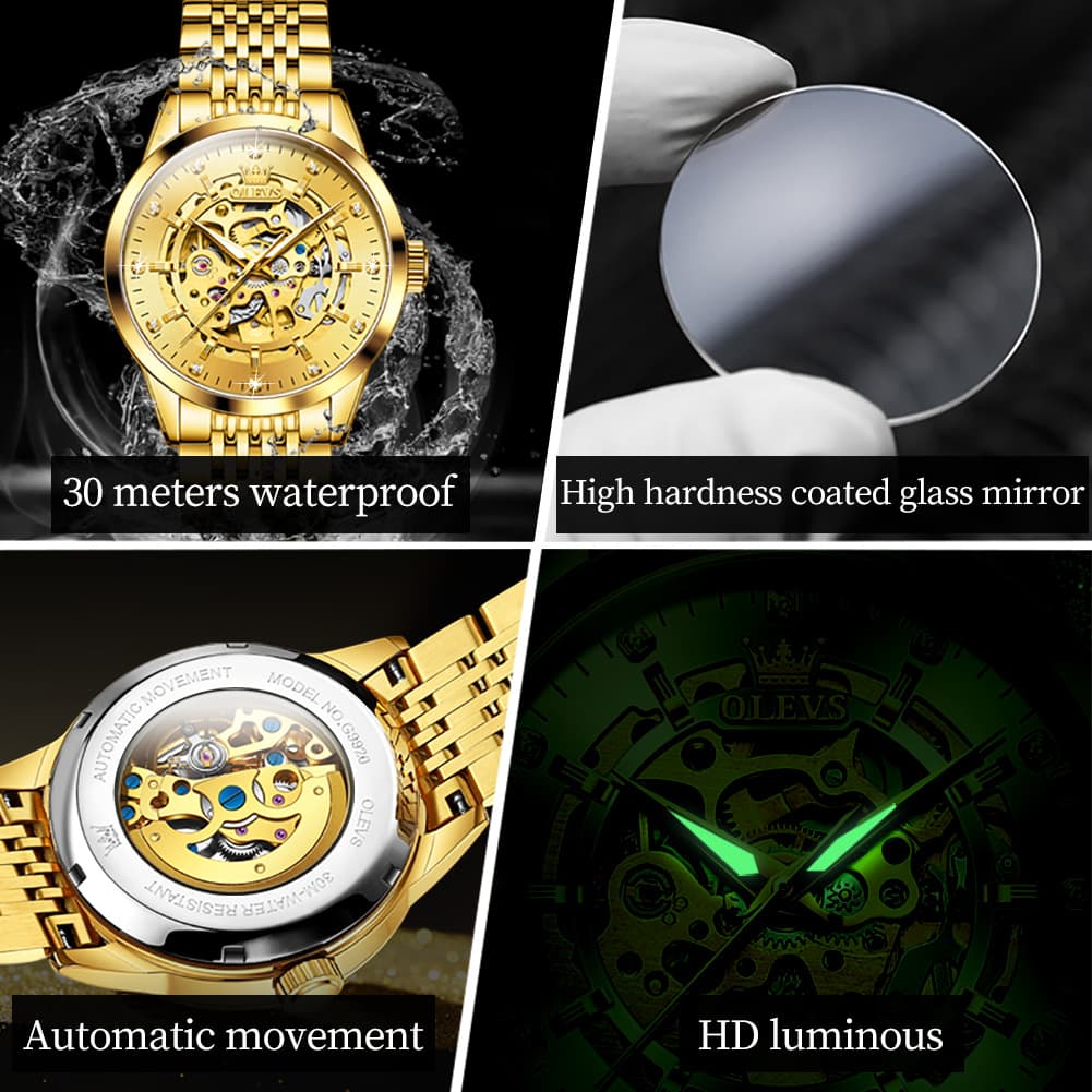 OLEVS Full Skeleton Diamond Dial Automatic Mechanical Watch 9920 for Men - All Gold Watch | Olevs Watch Store