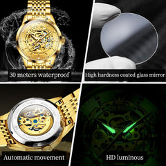 OLEVS Full Skeleton Diamond Dial Automatic Mechanical Watch 9920 for Men - All Gold Watch | Olevs Watch Store