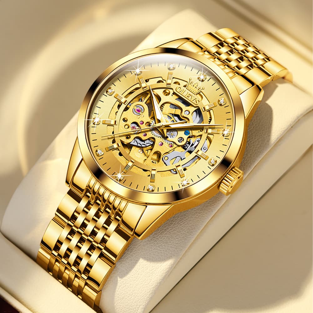 OLEVS Full Skeleton Diamond Dial Automatic Mechanical Watch 9920 for Men - All Gold Watch | Olevs Watch Store