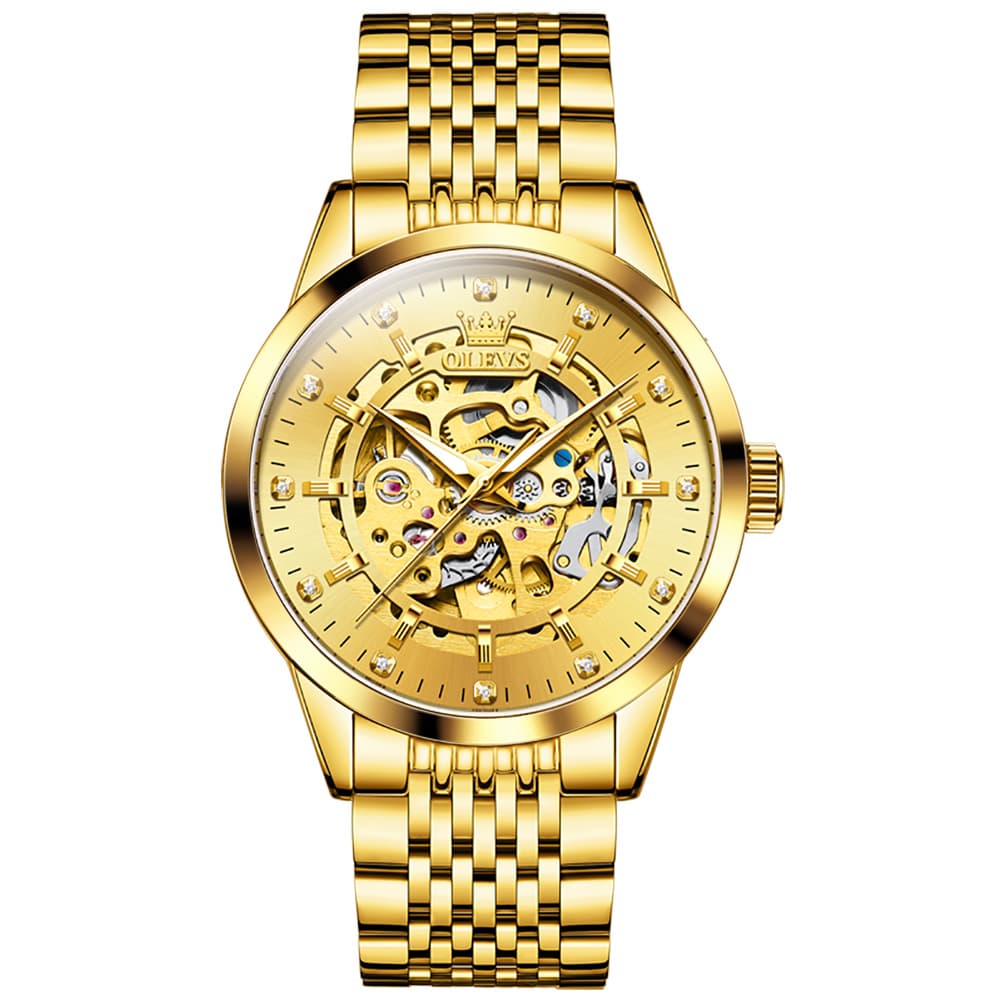 OLEVS Full Skeleton Diamond Dial Automatic Mechanical Watch 9920 for Men - All Gold Watch | Olevs Watch Store
