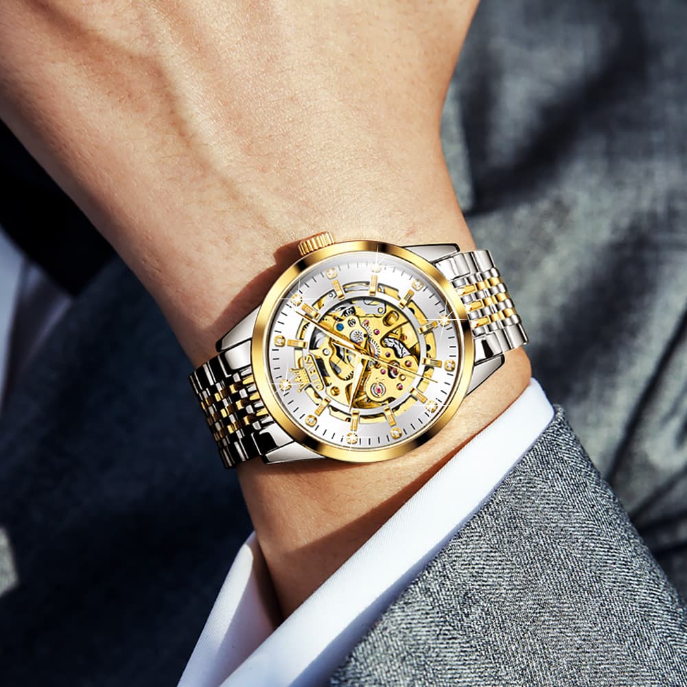 OLEVS Full Skeleton Diamond Dial Automatic Mechanical Watch 9920 for Men - All Gold Watch | Olevs Watch Store