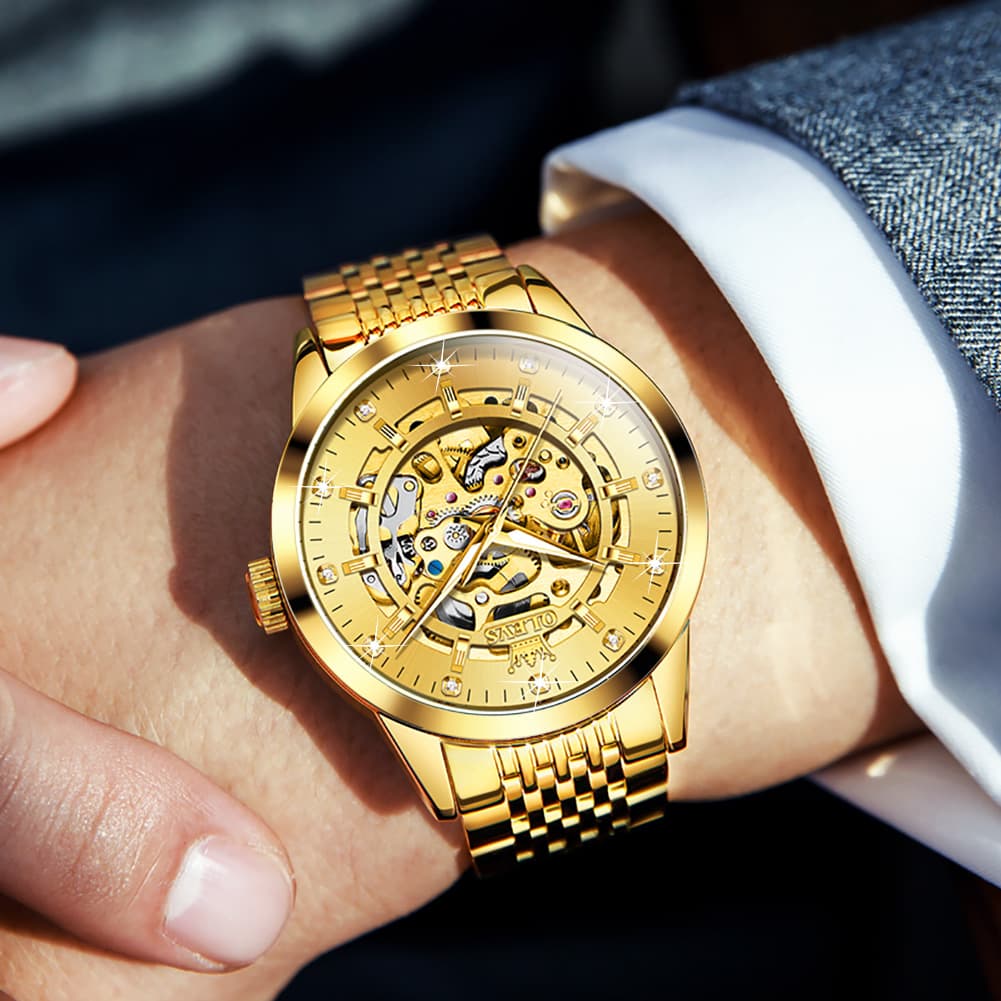 OLEVS Full Skeleton Diamond Dial Automatic Mechanical Watch 9920 for Men - All Gold Watch | Olevs Watch Store