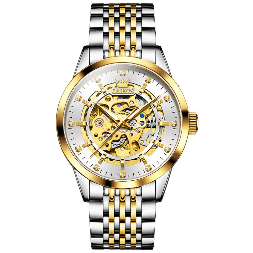 OLEVS Full Skeleton Diamond Dial Automatic Mechanical Watch 9920 for Men - All Gold Watch | Olevs Watch Store