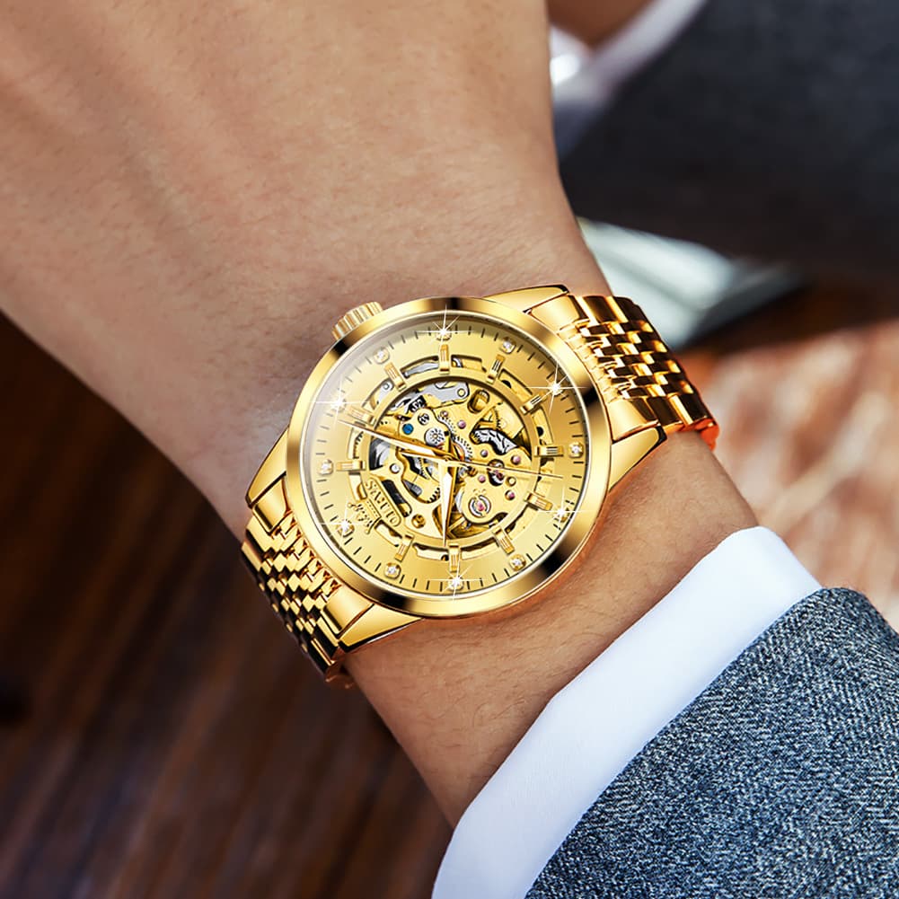 OLEVS Full Skeleton Diamond Dial Automatic Mechanical Watch 9920 for Men - All Gold Watch | Olevs Watch Store