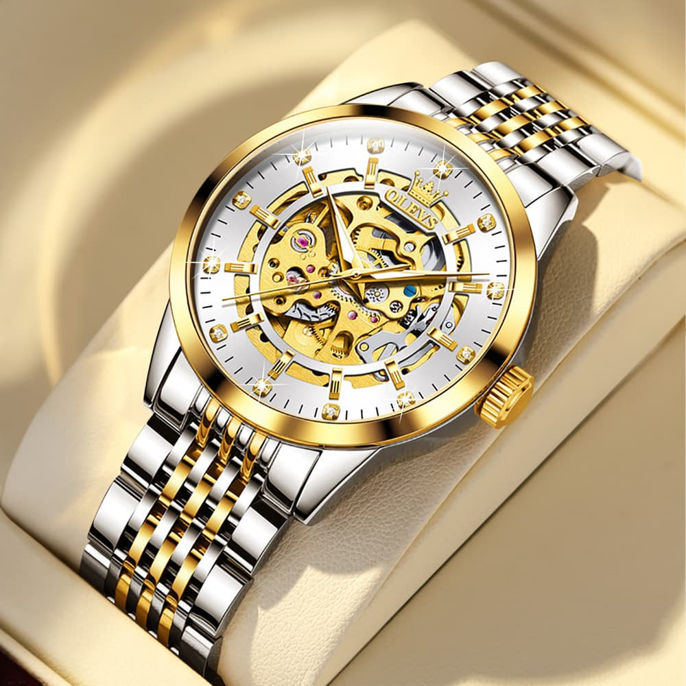 OLEVS Full Skeleton Diamond Dial Automatic Mechanical Watch 9920 for Men - Two Tone White Watch | Olevs Watch Store