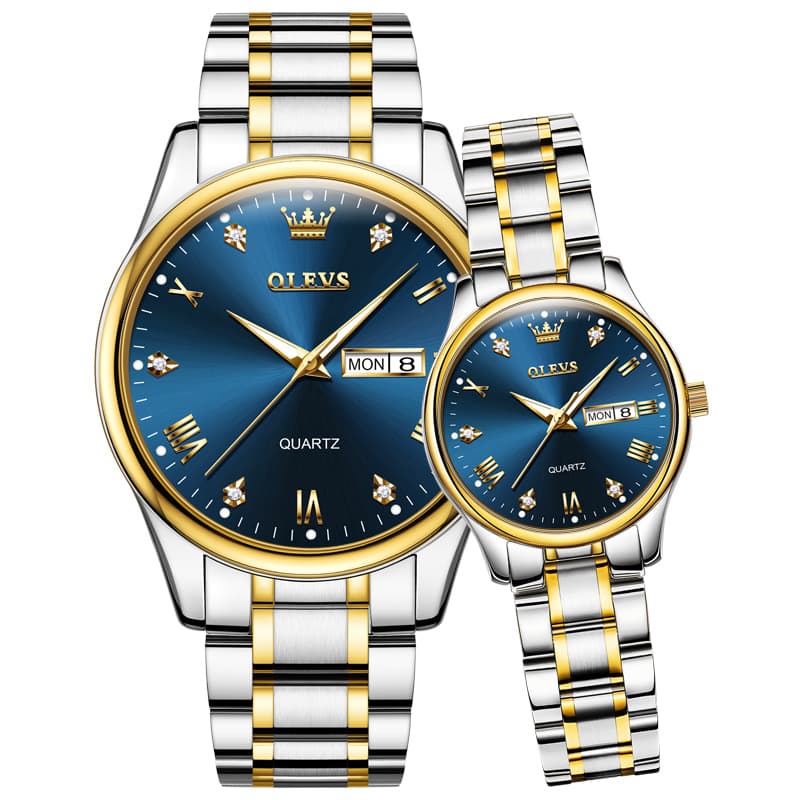 OLEVS His and Hers Couple Watches Set Two Tone Stainless Steel Quartz Day Date 5563Q - All Black Set | Olevs Watch Store