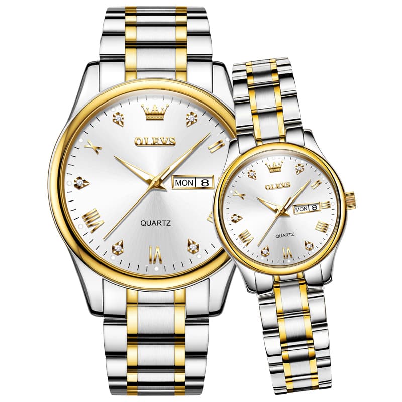 OLEVS His and Hers Couple Watches Set Two Tone Stainless Steel Quartz Day Date 5563Q - All Black Set | Olevs Watch Store