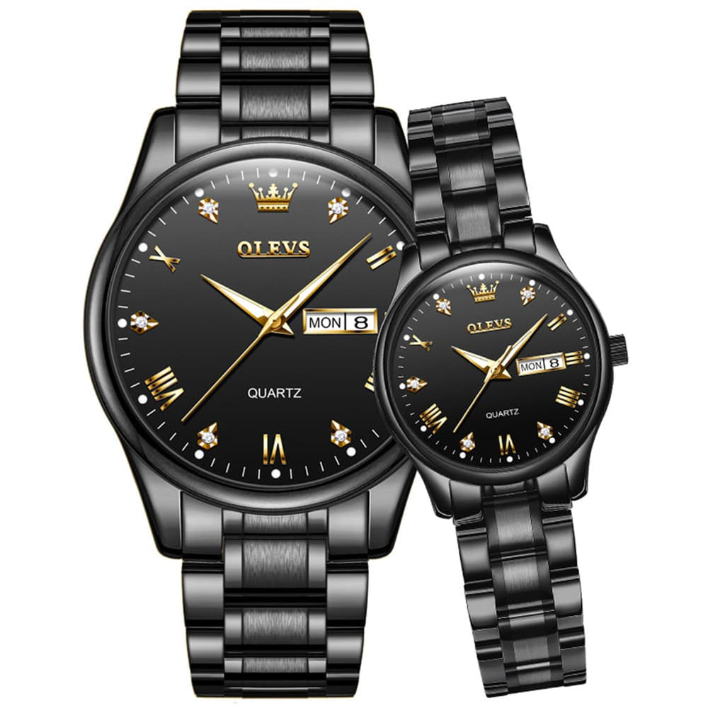 OLEVS His and Hers Couple Watches Set Two Tone Stainless Steel Quartz Day Date 5563Q - All Black Set | Olevs Watch Store