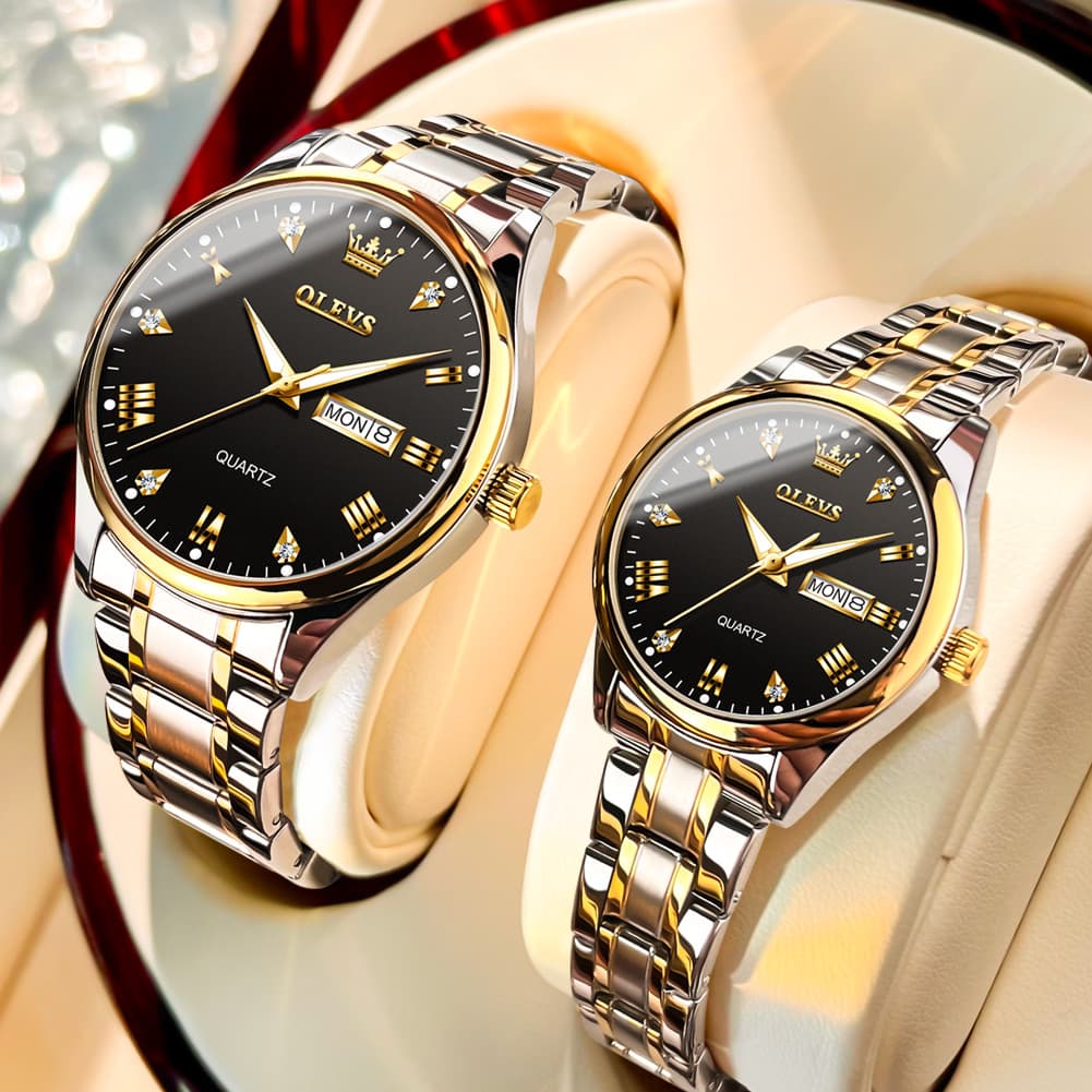 OLEVS His and Hers Couple Watches Set Two Tone Stainless Steel Quartz Day Date 5563Q - Two Tone Black Set | Olevs Watch Store