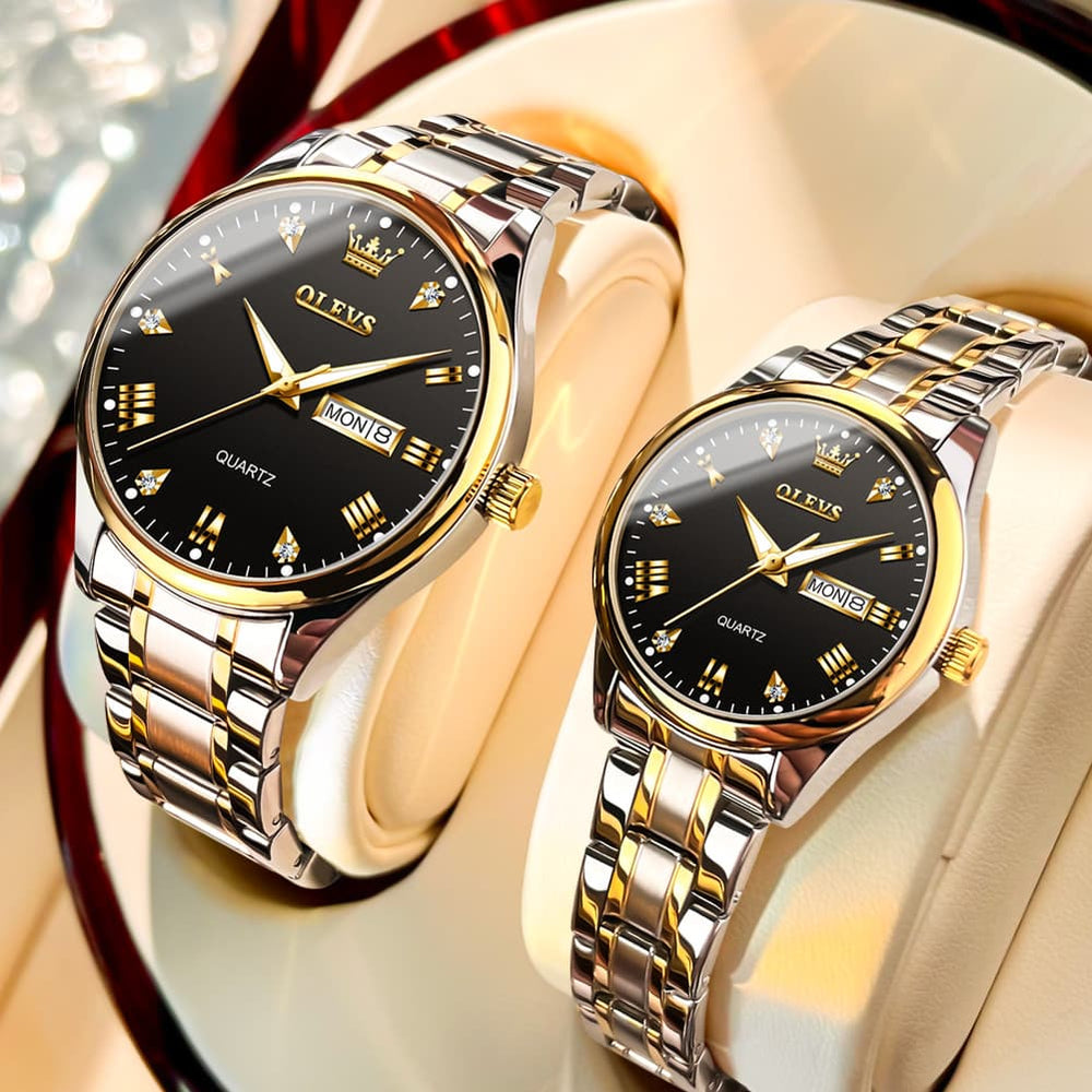 OLEVS His and Hers Couple Watches Set Two Tone Stainless Steel Quartz Day Date 5563Q - Two Tone Black Set | Olevs Watch Store