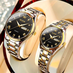 OLEVS His and Hers Couple Watches Set Two Tone Stainless Steel Quartz Day Date 5563Q - Two Tone Black Set | Olevs Watch Store