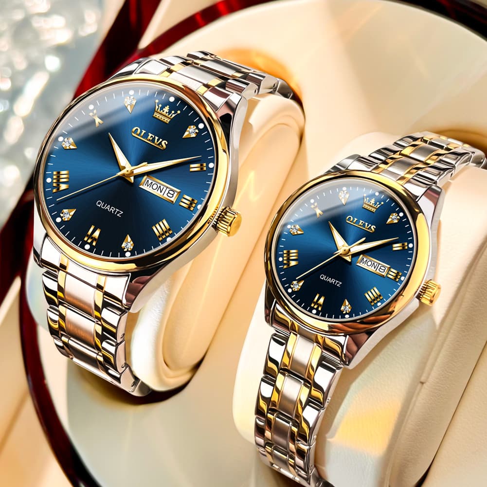OLEVS His and Hers Couple Watches Set Two Tone Stainless Steel Quartz Day Date 5563Q - Two Tone Blue Set | Olevs Watch Store