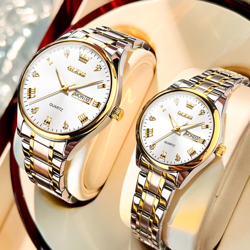 OLEVS His and Hers Couple Watches Set Two Tone Stainless Steel Quartz Day Date 5563Q - Two Tone White Set | Olevs Watch Store