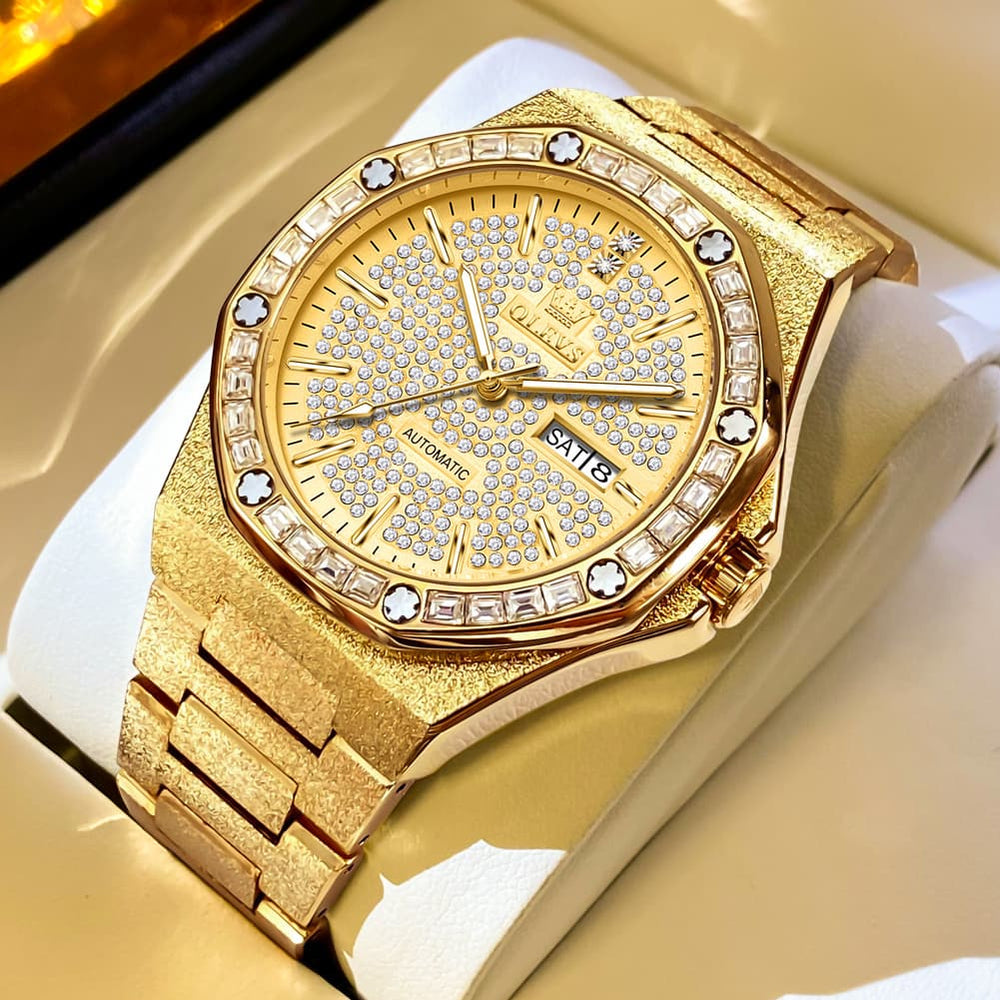 OLEVS Iced Out Diamond Octagonal Automatic Mechanical Watch 9803 for Men - All Gold Watch | Olevs Watch Store