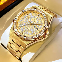 OLEVS Iced Out Diamond Octagonal Automatic Mechanical Watch 9803 for Men - All Gold Watch | Olevs Watch Store