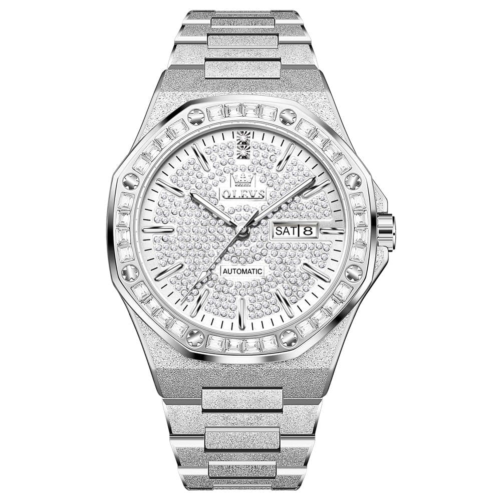OLEVS Iced Out Diamond Octagonal Automatic Mechanical Watch 9803 for Men - Silver White Watch | Olevs Watch Store