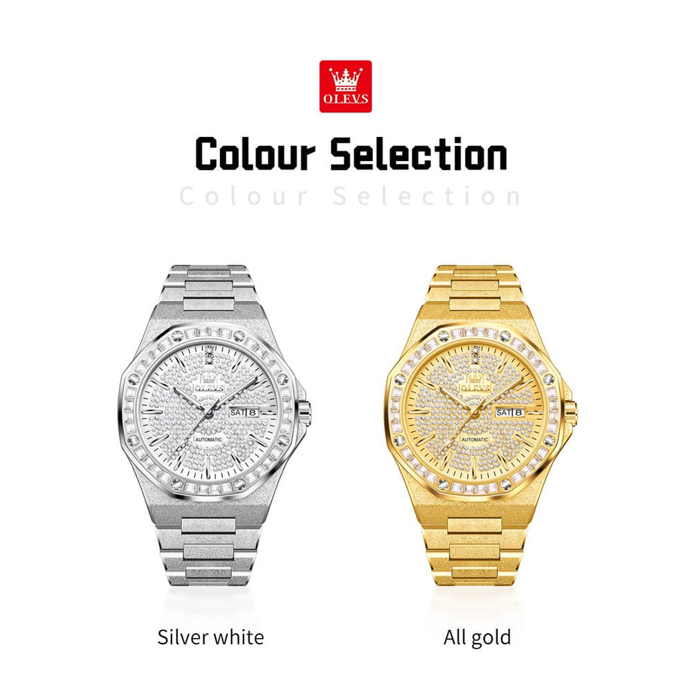 OLEVS Iced Out Diamond Octagonal Automatic Mechanical Watch 9803 for Men - Silver White Watch | Olevs Watch Store