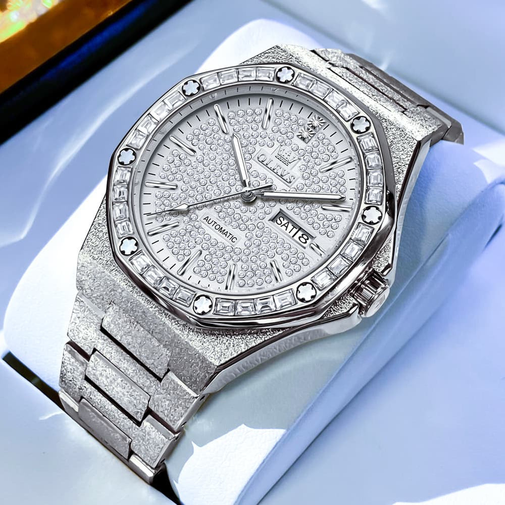 OLEVS Iced Out Diamond Octagonal Automatic Mechanical Watch 9803 for Men - Silver White Watch | Olevs Watch Store
